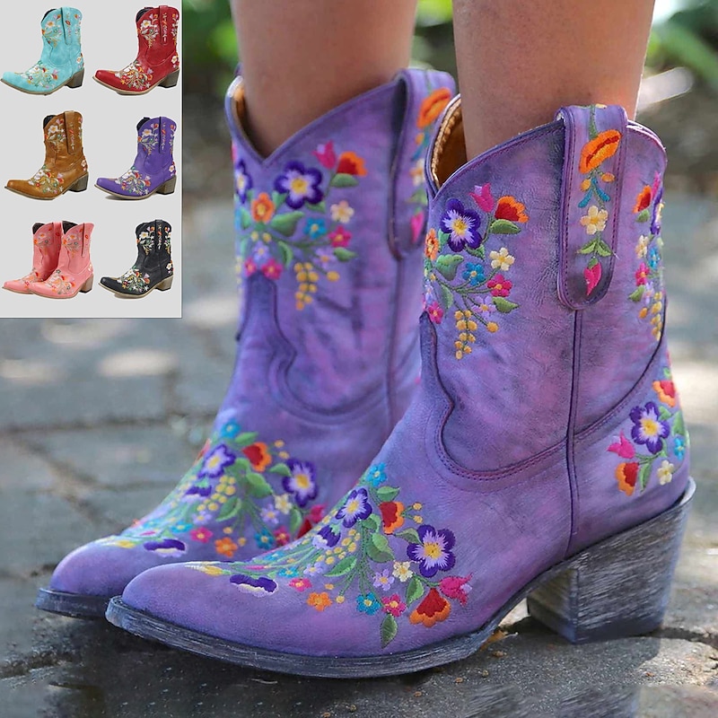 Women's Vintage Western Cowboy Boots – Floral Embroidered Faux Leather Ankle Boots for Casual and Festival Wear