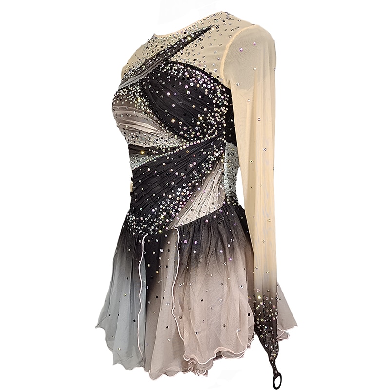 Figure Skating Dress Women's Girls' Ice Skating Dress Grey Patchwork Thumbhole Mesh Spandex Stretchy Training Practice Professional Skating Wear Crystal / Rhinestone Long Sleeve Figure Skating4