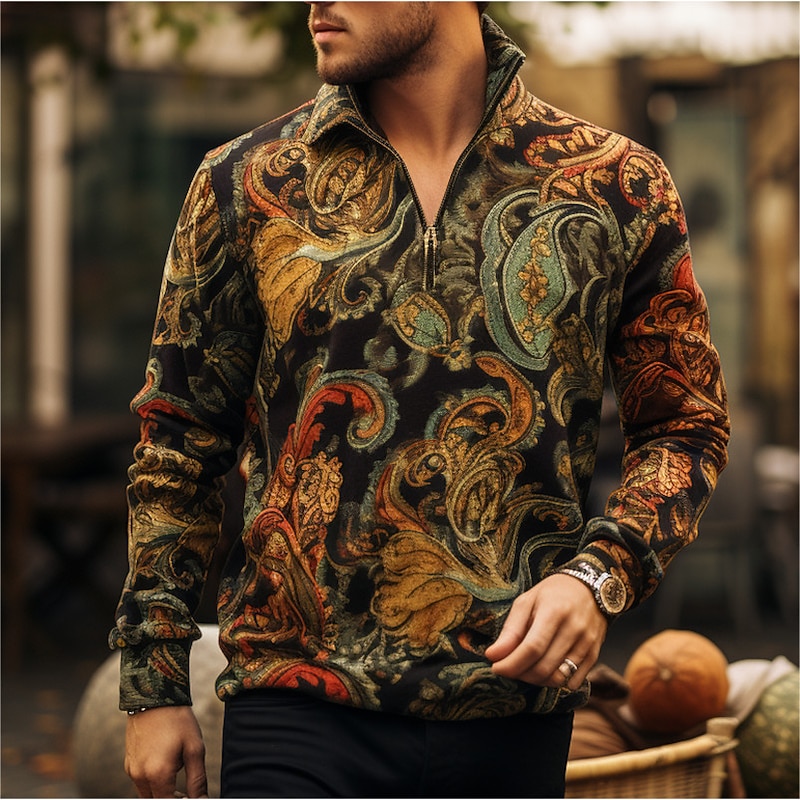Men's Paisley Zip Polo Shirts Golf Shirt Long Sleeve Polo Shirts Collared Shirts Vintage Casual Vacation Wear Party Outfits 3D Print Quarter Zip Polo Fall & Winter Black