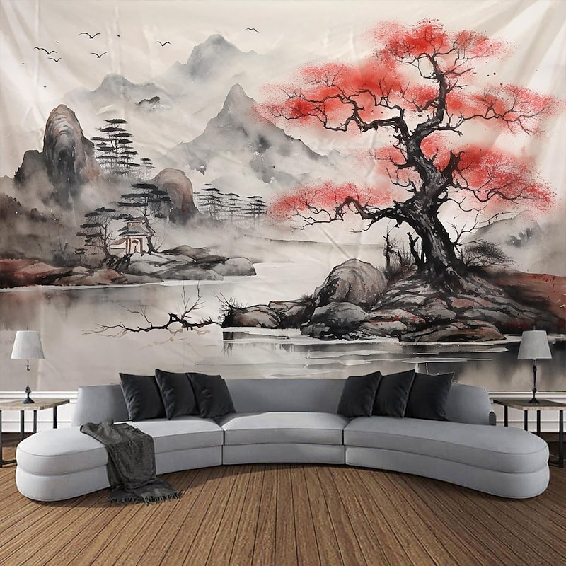 Watercolor Landscape Hanging Tapestry Chinese Style Wall Art Large Tapestry Mural Decor Photograph Backdrop Blanket Curtain Home Bedroom Living Room Decoration4