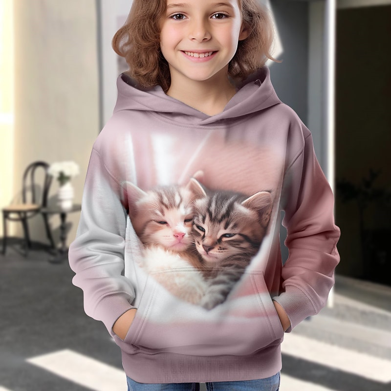 Girls' 3D Cartoon Cat Hoodie Pullover Long Sleeve 3D Print Fall Winter Active Fashion Cute Kids 3-12 Years Outdoor Casual Daily Regular Fit2