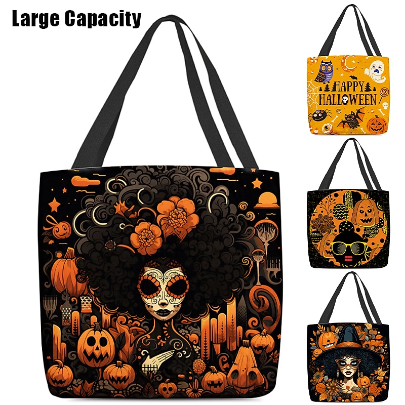 Large Capacity Halloween Tote Bags - Reusable Shopping Bags with Unique Pumpkin, Witch, and Day of the Dead Designs