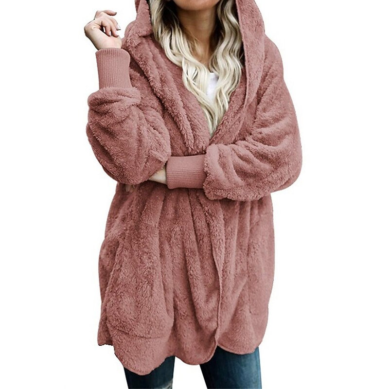 Women's Fleece Jacket Sherpa Jacket Teddy Coat Outdoor Street Daily Fall Winter Coat Regular Fit Windproof Warm Comtemporary Stylish Plush Jacket Long Sleeve Plain with Pockets Oversize Lotus Black