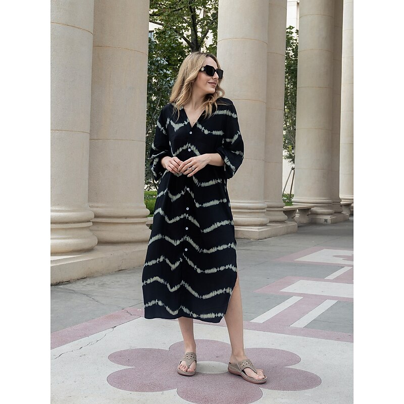 Women's Geometric Stripe Button Split V Neck Maxi long Dress Daily Vacation Long Sleeve Summer Spring2