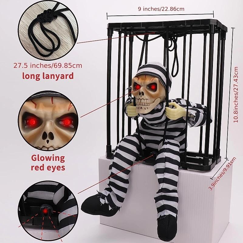 Halloween Decoration Screaming Animated Halloween Decor Prop with Motion Sensor Scary Skull Cage Prisoner Haunted House Decor Spooky Hanging Ghost Light Up Eyes Decorations Set2