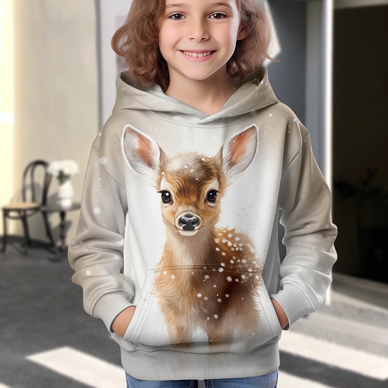 Girls' 3D Animal Cartoon Deer Christmas Hoodie Hoodie Pullover Long Sleeve 3D Print Fall Winter Active Fashion Cute Kids 3-12 Years Outdoor Casual Daily Regular Fit2