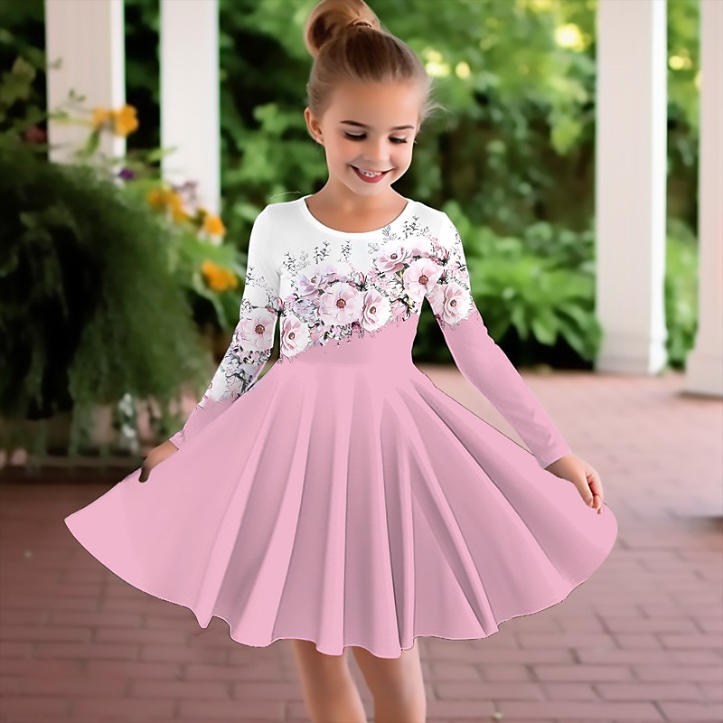 Easter Girls' 3D Floral Dress Pink Long Sleeve 3D Print Fall Winter Vacation Sports & Outdoor Daily Cute Casual Beautiful Kids 3-12 Years Casual Dress A Line Dress Above Knee Regular Fit