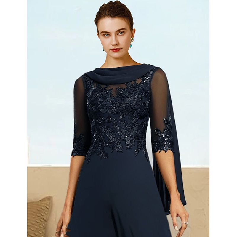 Jumpsuit Mother of the Bride  Formal Wedding Guest Elegant Cowl Neck Floor Length Lace Stretch Chiffon Half Sleeve with Sequin Appliques3