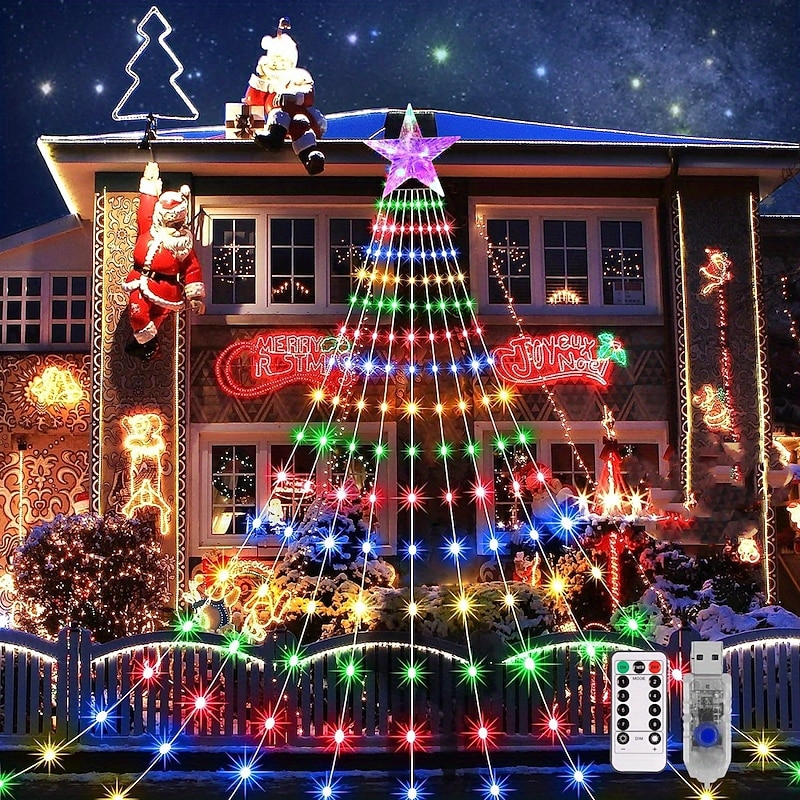 Waterfall String Light Christmas 198 Leds USB Flowing Water Light 9 Strip 2 meters 8 Lighting Modes with Remote Control Waterproof for Xmas Party Bedroom Wall Flashing Indoor Outdoor Decoration3