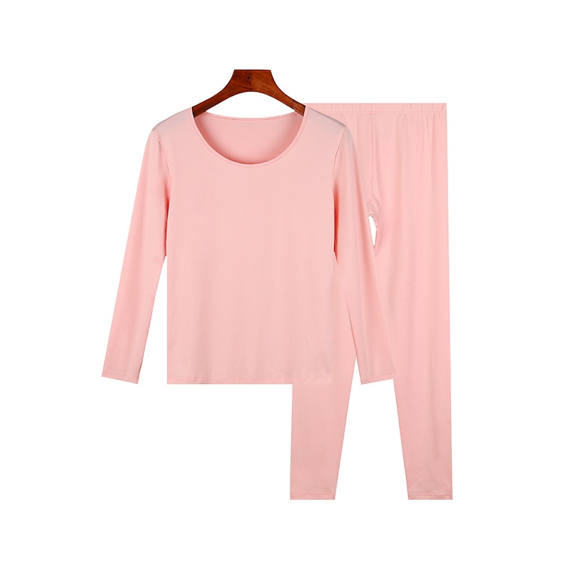 Women's Pajamas Thermal Set Pure Color Warm Comfort Soft Home Daily Bed Comfort Warm Crew Neck Long Sleeve T shirt Tee Pant Elastic Waist Fall Winter Home Outfits - Main Image