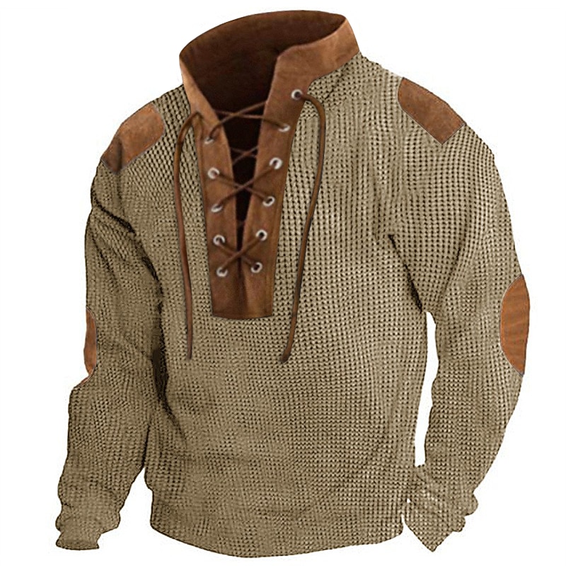 Men's T Shirt Waffle Knit Tee Tee Top Long Sleeve Shirt Long Sleeve Standing Collar Spring &  Fall Color Block National Flag Fashion Designer Basic Lace up Patchwork Vacation Street Going out Black