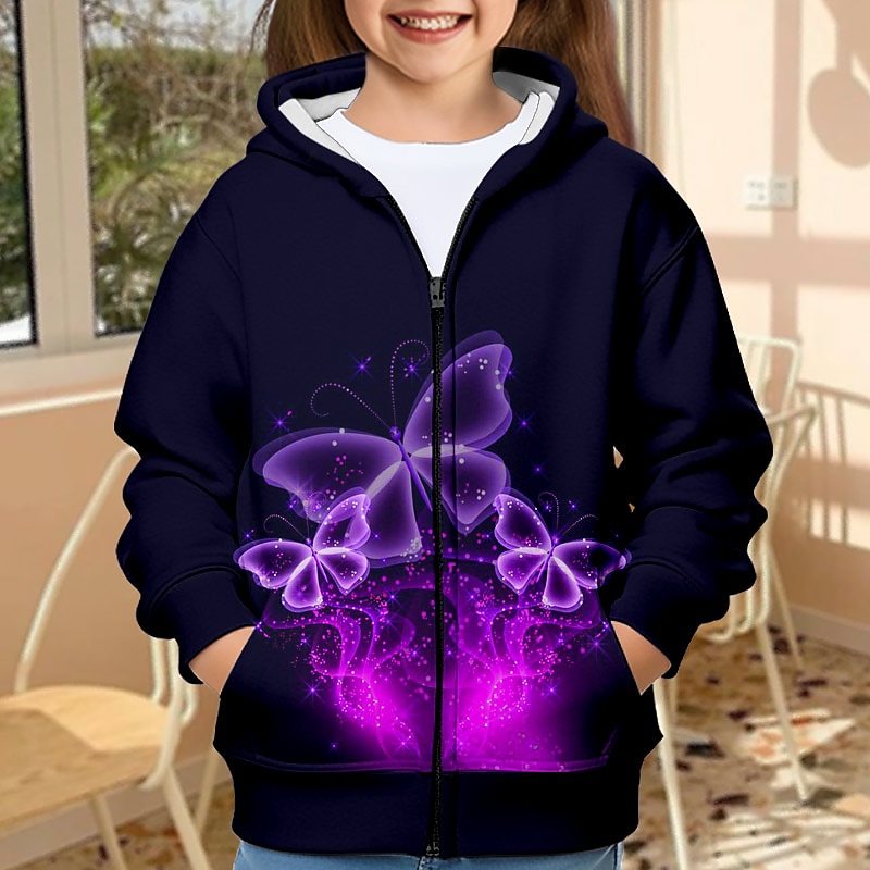 Girls' 3D Butterfly Hoodie Coat Outerwear Long Sleeve 3D Print Fall Winter Active Fashion Cute Kids 3-12 Years Outdoor Casual Daily Regular Fit3