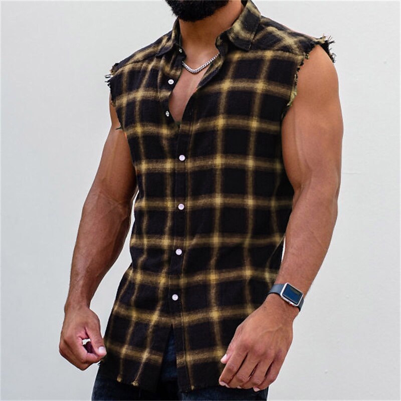 Men's Shirt Summer Shirt Plaid Shirt Button Up Shirt Checked Shirts Yellow Red Blue Sleeveless Plaid / Check Turndown Outdoor Street Button-Down Clothing Apparel Fashion Casual Breathable Comfortable4