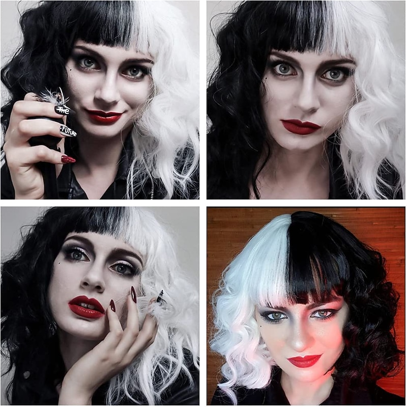 Half Black and White Wigs Short Curly Wavy Bob Hair Women Girl Role Cosplay Party Heat Resistant Synthetic Wigs Halloween Wigs3