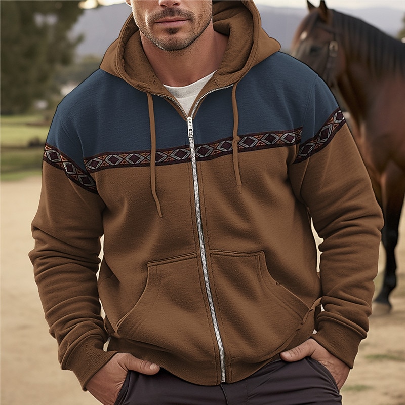 Men's Full Zip Hoodie Zip Up Hoodie Black Navy Blue Brown Beige Hooded Color Block Tribal Zip Up Sports & Outdoor Daily Holiday Polyester Streetwear Cool Ethnic Spring &  Fall Clothing Apparel Hoodies2