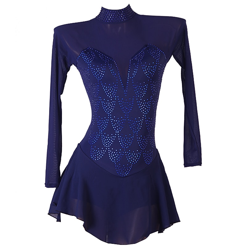 Figure Skating Dress Women's Girls' Ice Skating Dress Dark Navy Patchwork Open Back Mesh High Elasticity Training Competition Skating Wear Classic Long Sleeve Ice Skating Figure Skating