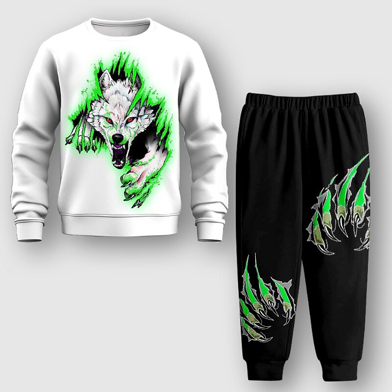 Boys 3D Wolf Sweatshirt & Sweatpants Set Set Long Sleeve 3D Printing Fall Winter Active Fashion Cool Kids 3-12 Years Crew Neck Outdoor Vacation Street Regular Fit4
