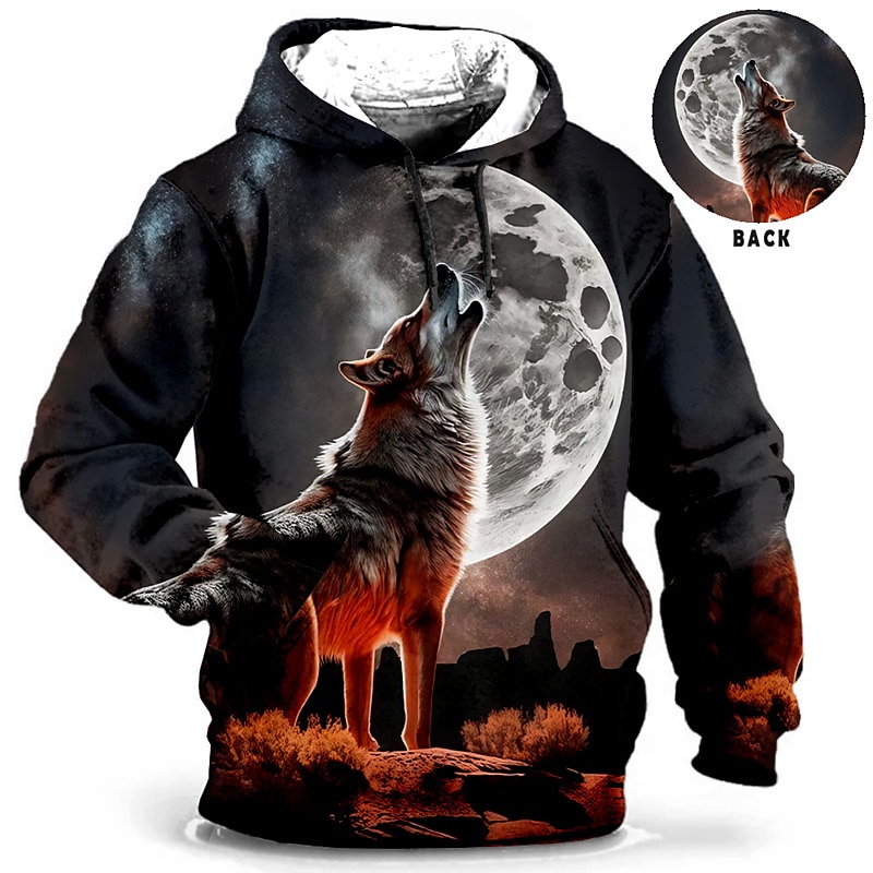 Men's Animal Wolf Graphic Prints Hoodie Hoodies Sweatshirt Daily Classic Long Sleeve Hooded Holiday Going out Streetwear Blue Orange Print Spring &  Fall Designer