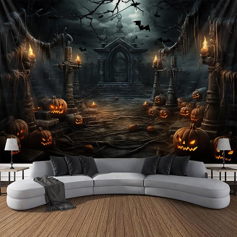 Halloween Pumpkin Graveyard Hanging Tapestry Wall Art Large Tapestry Mural Decor Photograph Backdrop Blanket Curtain Home Bedroom Living Room Decoration Halloween Decorations