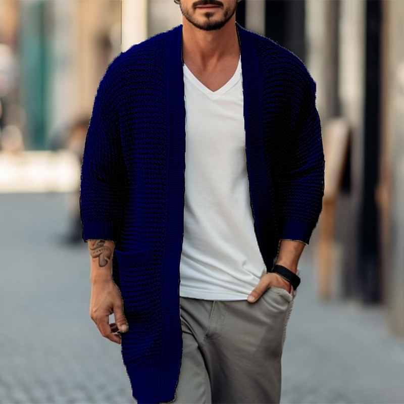Men's Sweater Cardigan Sweater Ribbed Knit Long Pocket Knitted Plain Open Front Warm Ups Modern Contemporary Daily Wear Going out Clothing Apparel Winter Autumn Black White S M L3