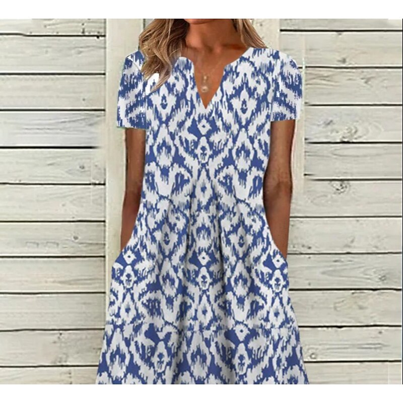 Women's Midi Dress Casual Dress Shift Dress Blue Short Sleeve Geometric Pocket Spring Summer V Neck Basic Daily Vacation Summer Dress2