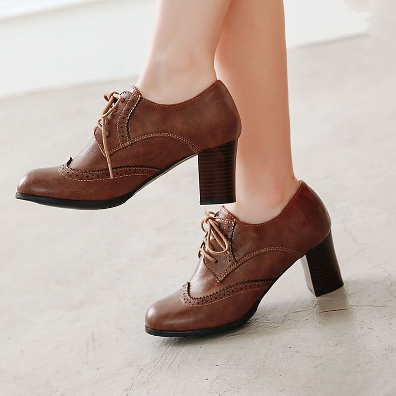 Women's Vintage Brown Oxford Heels - Perfect for Office and Formal Events, Featuring Brogue Detailing and Comfortable Mid Heel
