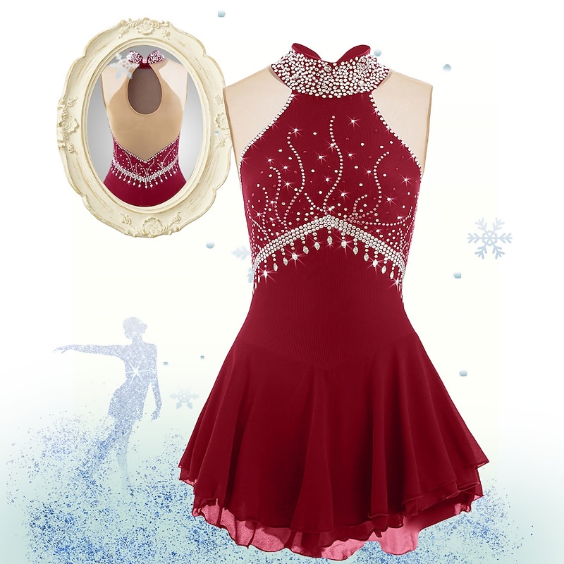 Figure Skating Dress Women's Girls' Ice Skating Dress Dark red Black White Patchwork Mesh Spandex High Elasticity Practice Professional Competition Skating Wear Handmade Jeweled Rhinestone Sleeveless