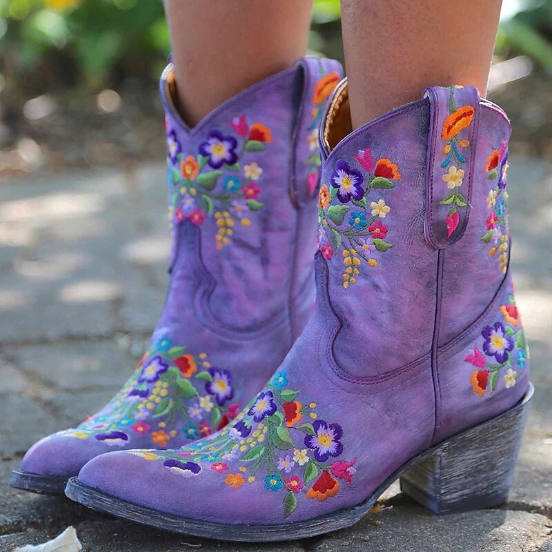 Women's Vintage Western Cowboy Boots – Floral Embroidered Faux Leather Ankle Boots for Casual and Festival Wear2