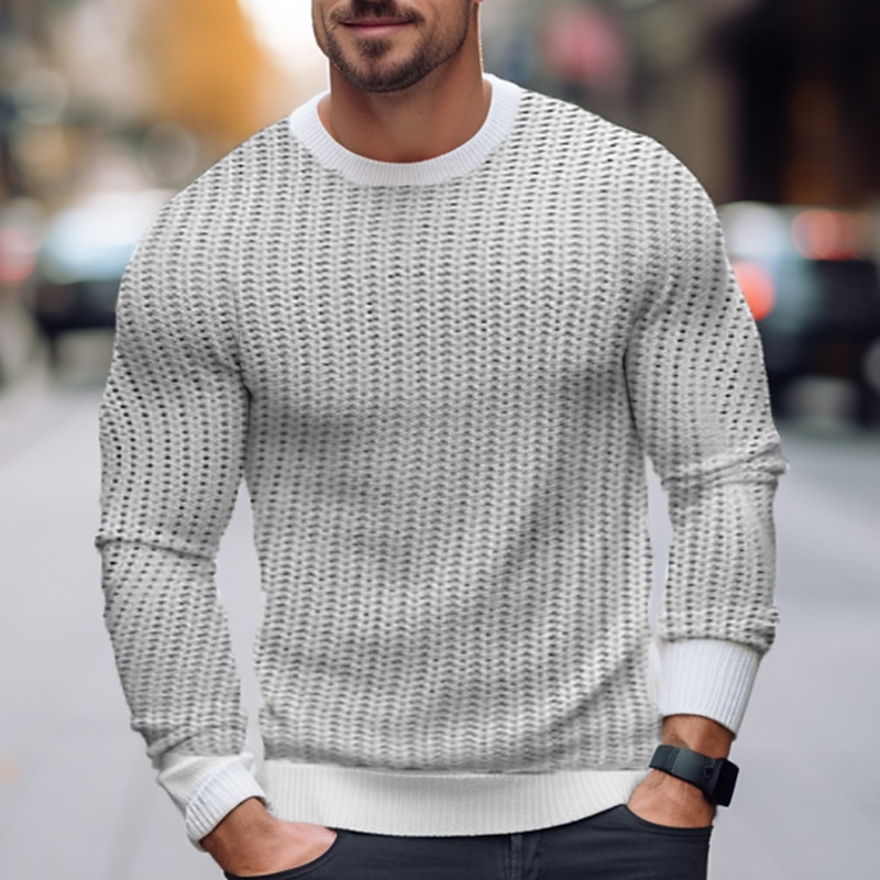 Men's Pullover Sweater Jumper Ribbed Crochet Knit Regular Knitted Plain Crew Neck Modern Contemporary Work Daily Wear Clothing Apparel Winter White Pink S M L3