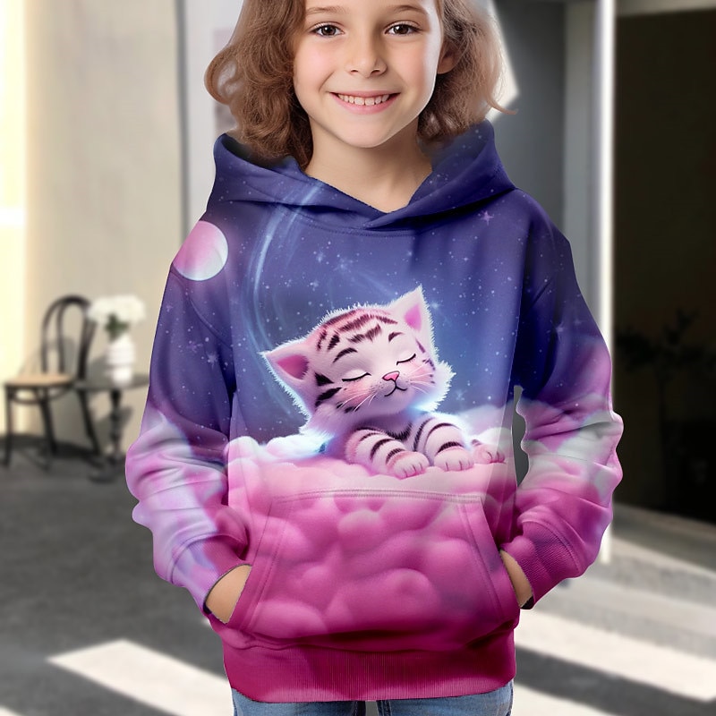 Girls' 3D Cartoon Cat Hoodie Pullover Long Sleeve 3D Print Fall Winter Active Fashion Cute Kids 3-12 Years Outdoor Casual Daily Regular Fit3