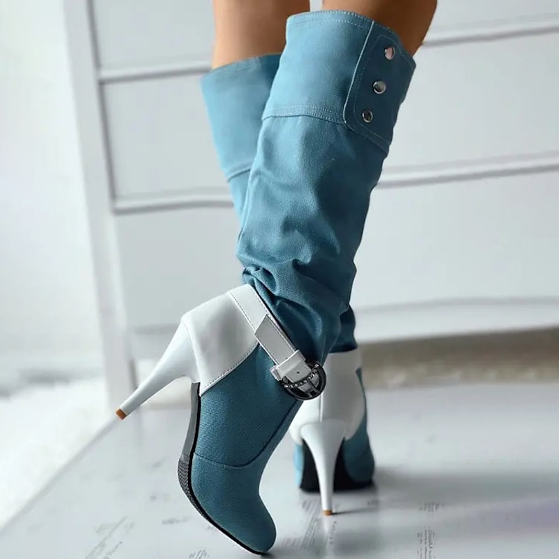 Women's Light Blue Denim Stiletto Boots – Buckle Strap High Heel Slouch Boots with White Trim for Fashion Street Style and Night Out3