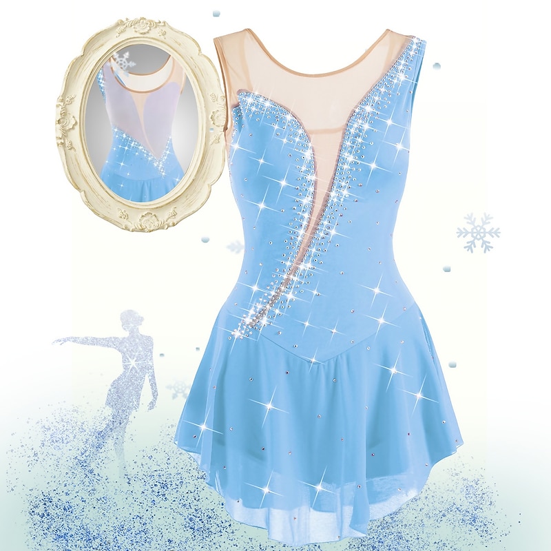 Figure Skating Dress Women's Girls' Ice Skating Dress White / White Yellow & Yellow Dark Purple Asymmetric Hem Mesh Spandex High Elasticity Competition Skating Wear Crystal / Rhinestone Sleeveless