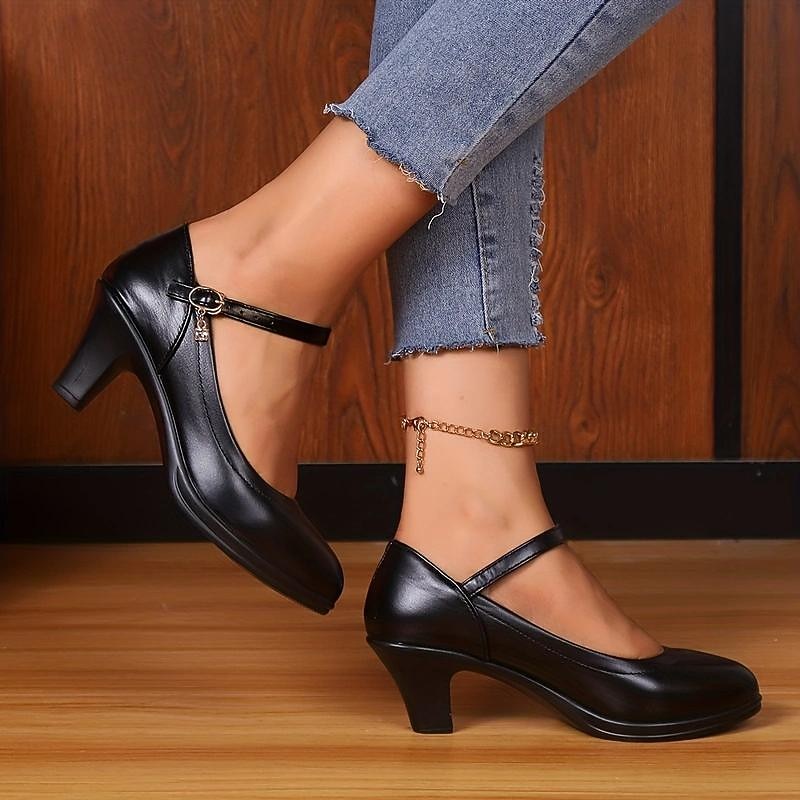 Women's Black Faux Leather Mary Jane Pumps - Mid Heel Comfort Shoes with Adjustable Strap for Office or Casual Wear4