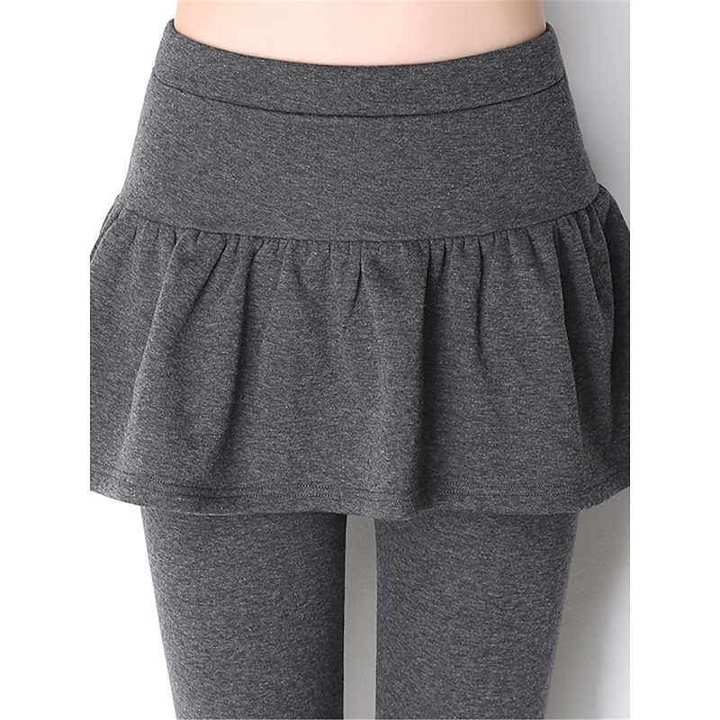 Women's Skort Cozy Fleece Lined Cozy Leggings Fashion Streetwear Full Length High Waist Plain Ruffle 2 in 1 High Cut Comfort Breathability Soft Micro-elastic Vacation Street Daily Ash Black Fall2