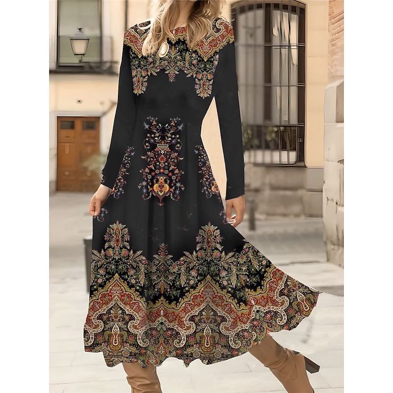 Women's Midi Dress A Line Dress Casual Dress Winter Dress Swing Dress Fashion Streetwear Mature Formal Outdoor Vacation Regular Fit Floral Long Sleeve Crew Neck Black Red Green Gray Fall Winter