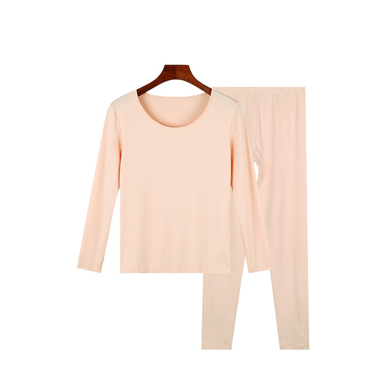 Women's Pajamas Thermal Set Pure Color Warm Comfort Soft Home Daily Bed Comfort Warm Crew Neck Long Sleeve T shirt Tee Pant Elastic Waist Fall Winter Home Outfits3