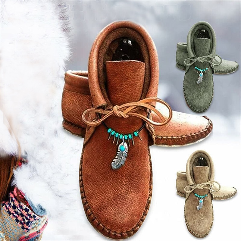 Women's Faux Leather Moccasin Ankle Boots with Feather and Bead Detail, Comfortable Slip-On Casual Shoes for Outdoor and Everyday Wear