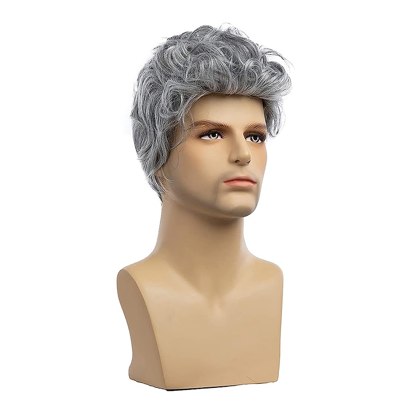 Mens Grey Wig Short Curly Grey Wig Synthetic Heat Resistant Costumes Natural Halloween Cosplay Hair Wig2