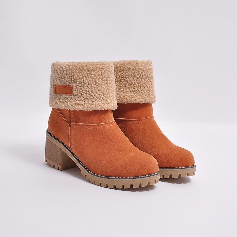 Women's Faux Suede Ankle Boots with Fleece Lining and Fold-Over Cuff, Block Heel Winter Boots Available in Multiple Colors3
