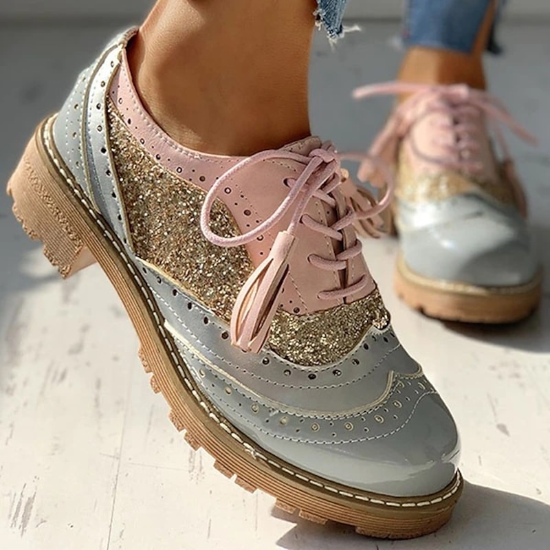 Women's Pink and Gray Glitter Wingtip Oxford Shoes with Chunky Sole - Stylish Lace-Up Brogues for Casual and Statement Outfits2