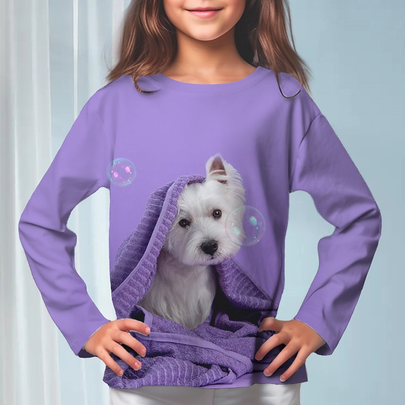 Girls' 3D Dog Tee Long Sleeve 3D Print Fall Winter Active Fashion Cute Polyester Kids 3-12 Years Crew Neck Outdoor Casual Daily Regular Fit