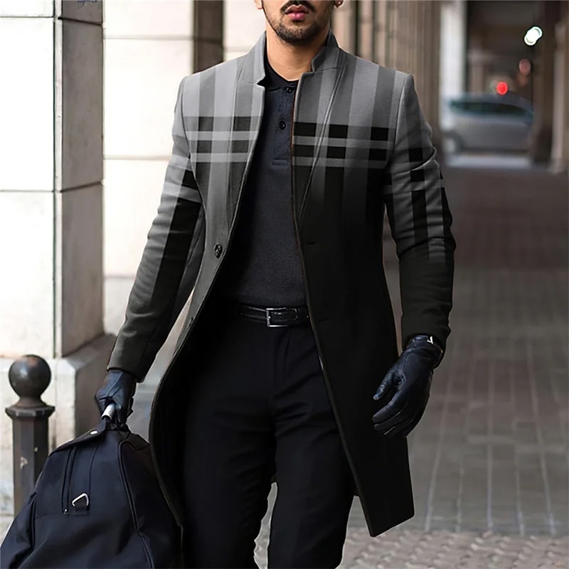 Men's Plaid Winter Coat Overcoat Coat Warm Comfortable Breathable Business Casual Work Wear to work Going out Pocket Print Fall & Winter Stand Collar Long Sleeve Blue Brown Gray3