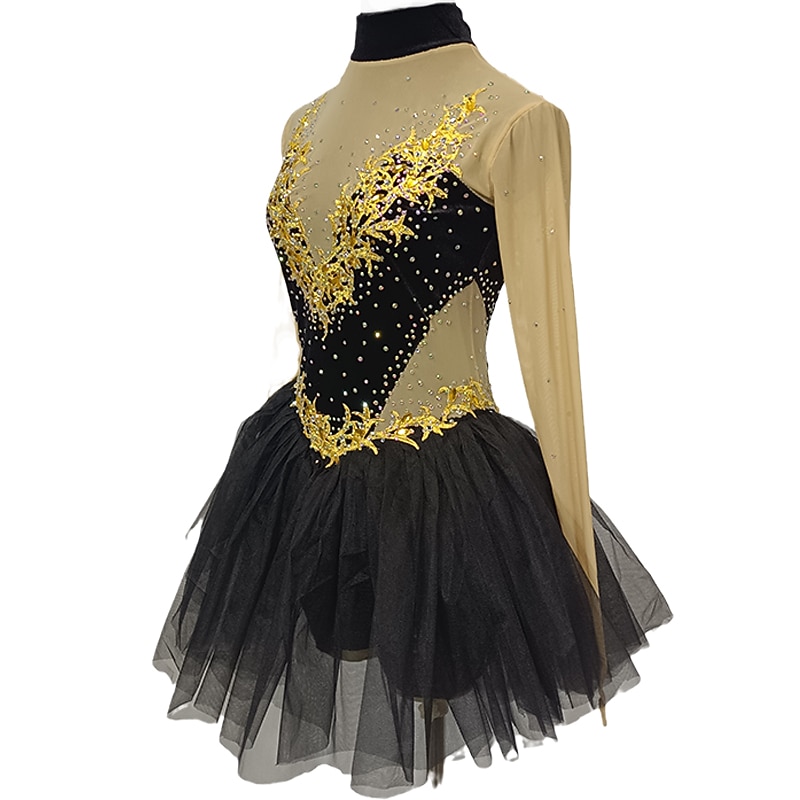 Figure Skating Dress Women's Girls' Ice Skating Dress Black Golden Patchwork Thumbhole Mesh Spandex Stretchy Training Practice Professional Skating Wear Crystal / Rhinestone Long Sleeve Figure Skating4