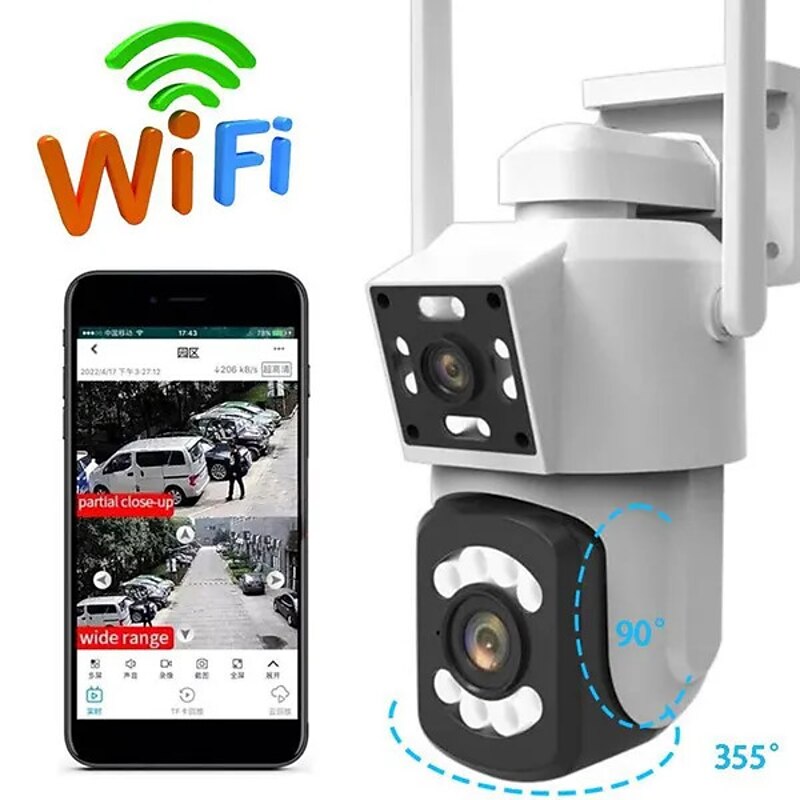 2.4G WIFI Security CCTV Camera Dual Len Wireless IP Camera Two-Way Audio Talk Auto Tracking Waterproof Network Camera Digital Zoom Surveillance PTZ Camera