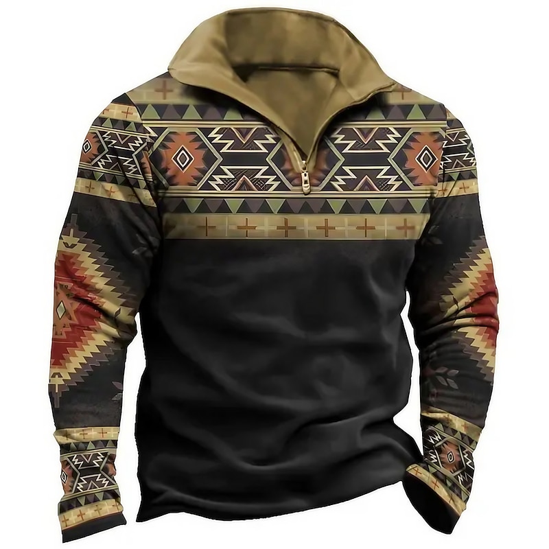 Men's Tribal Geometry Zip Polo Long Sleeve Polo Shirts Turndown Zip Vintage Outdoor Casual Daily Streetwear 3D Print Fall & Winter Black