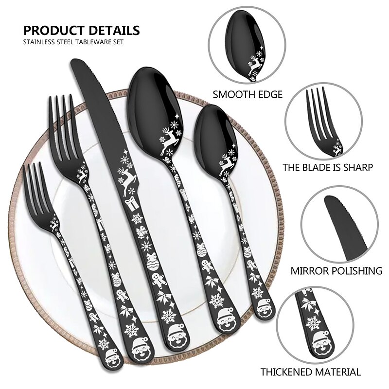 20/40 Piece Christmas Tableware Set for 8, Black Flatware set Service for 8,Unique Christmas Tree Snowflake Pattern DesignSatin Finish Cutlery for 8,Dishwasher Safe4