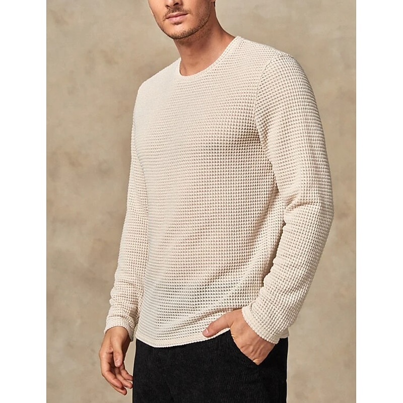 Men's Waffle Tee Waffle Shirt T Shirt Tee Top Long Sleeve Crew Neck Spring &  Fall Plain Fashion Designer Basic Vacation Street Going out Beige Top Tee for Men