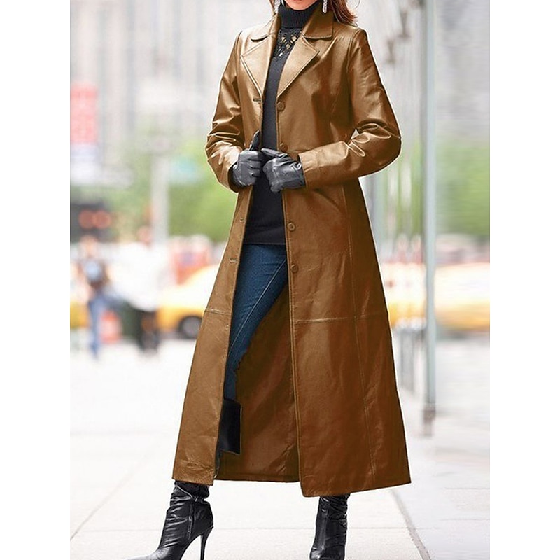 Women's Faux Leather Jacket Trench Coat Outdoor Buttons Plain Waterproof Streetwear Regular Fit Outerwear Long Sleeve Fall Black L3