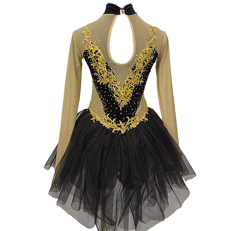 Figure Skating Dress Women's Girls' Ice Skating Dress Black Golden Patchwork Thumbhole Mesh Spandex Stretchy Training Practice Professional Skating Wear Crystal / Rhinestone Long Sleeve Figure Skating2