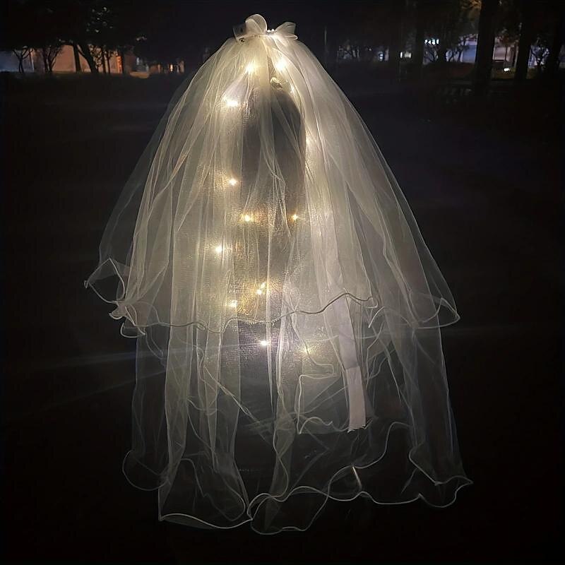 LED Luminous Head Veil Long 23.62inch Luminous Yarn Fairy Children's Ribbon Bow Veil With Light String Party Wedding Bride3